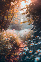 Serene pathway through a vibrant flower-filled forest during golden hour, peaceful ambiance