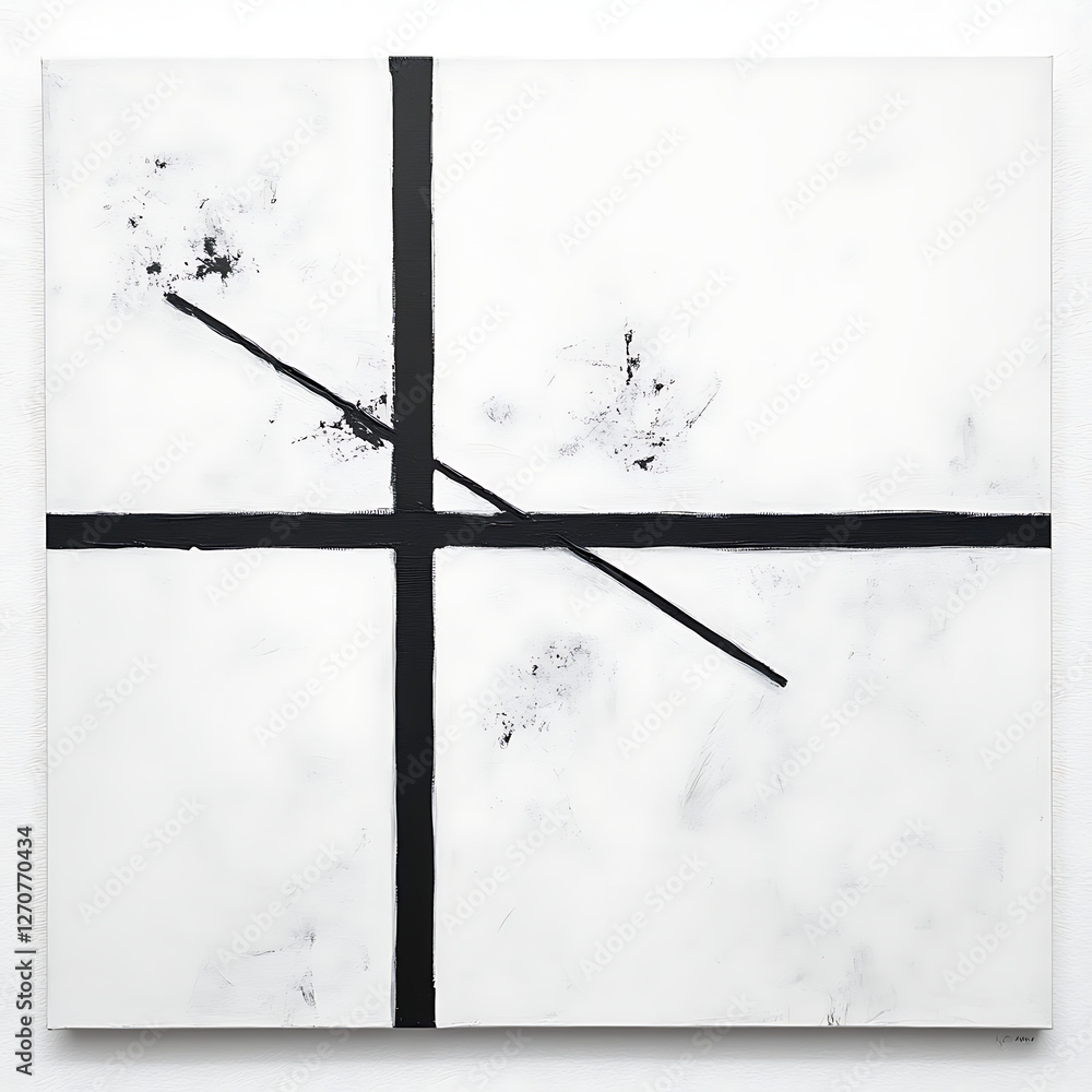 Poster minimalist abstract composition in black and white with geometric lines on textured surface