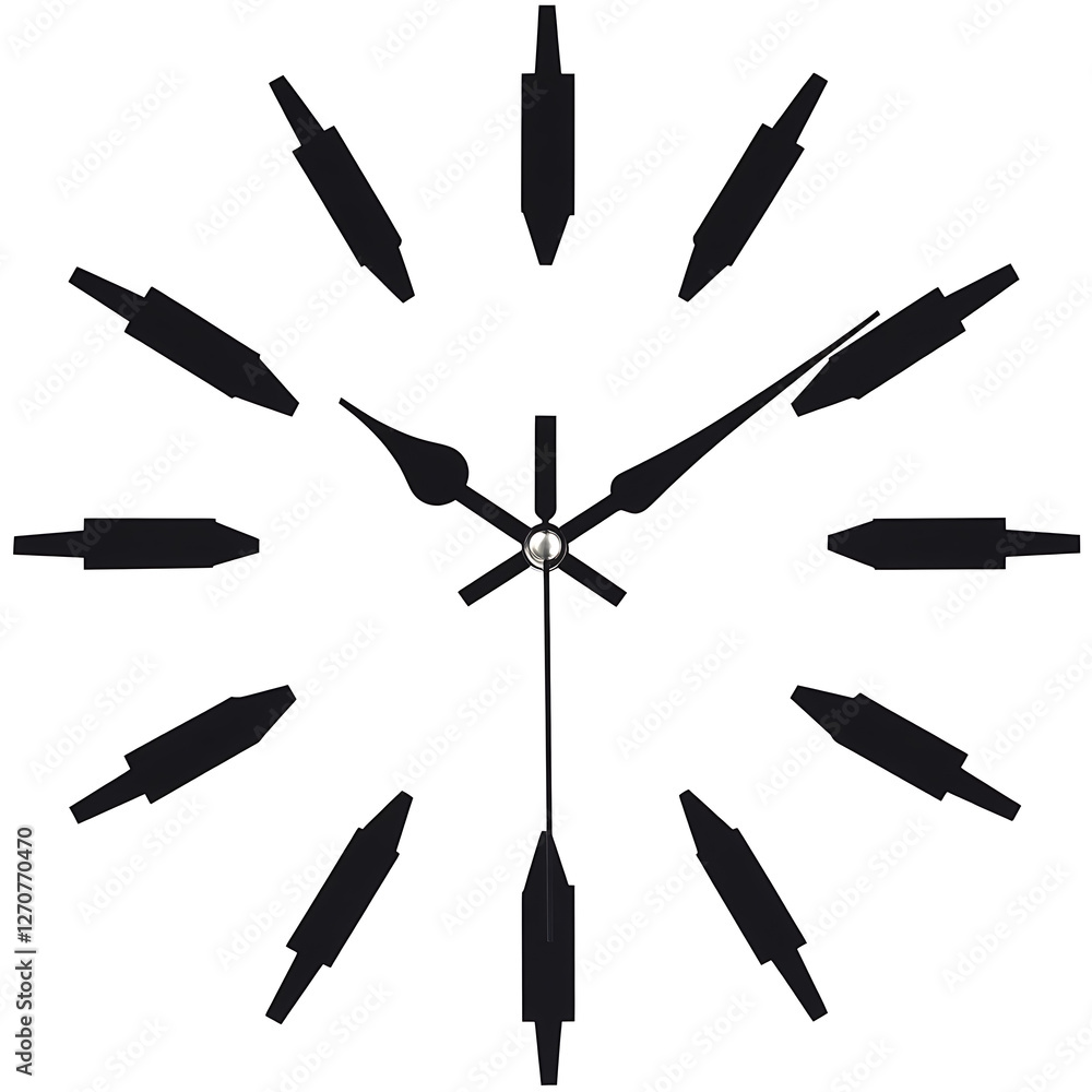 Poster minimalist clock face with black hands and hour markers displaying abstract time on white backdrop
