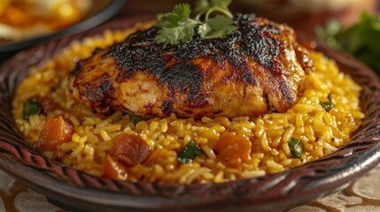 A plate of seasoned rice topped with a grilled chicken breast and garnished with cilantro.