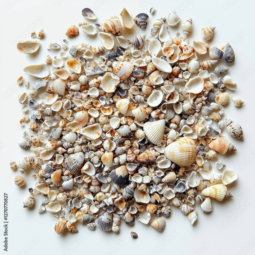 Aufkleber a collection of seashells, arranged in a dense pattern with a variety of sizes, shapes, and colors, 