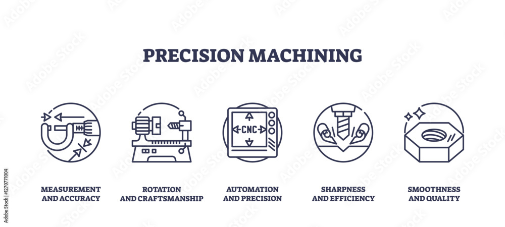 Poster precision machining involves accuracy, automation, and quality. key objects, caliper, cnc machine, b