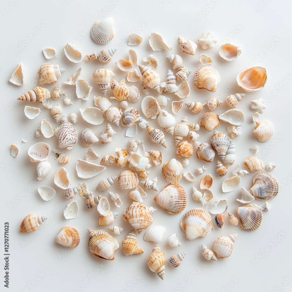 Poster a beautiful assortment of various sea shells scattered on a clean white background, displaying natur