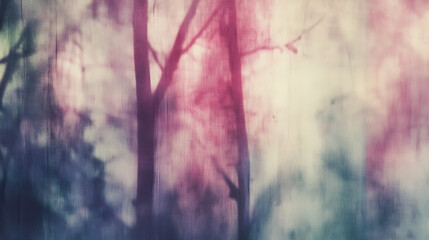 Obraz premium Misty Dreamscape Through a Tree Canopy with Soft Pink and Teal Tones in Watercolor Texture