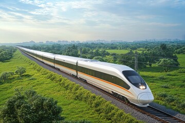 Fototapeta premium A sleek high-speed train travels through a lush green landscape under a bright sky, showcasing modern transportation in harmony with nature.