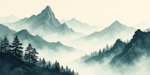 Serene Misty Mountain Range with Silhouetted Pine Trees in a Verdant Valley
