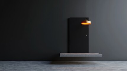 Modern minimalist interior with suspended light and door