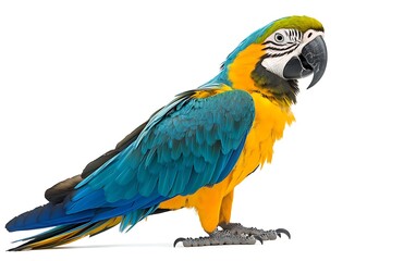 Fototapeta premium Standing macaw, looking sideways, isolated on white, for animal lovers, vets, or pet shops