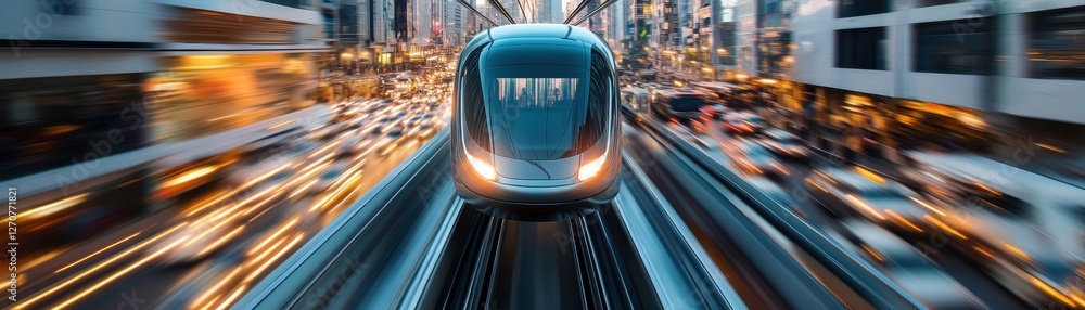 Aufkleber a futuristic train moves swiftly through a busy city, creating a dynamic blur of lights and motion, 