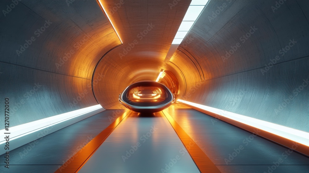 Poster a futuristic tunnel with an illuminated interior and a sleek, central object, creating a sci-fi atmo