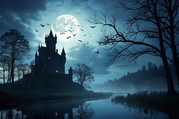 Fototapeta premium A Halloween scene with a large moon in the background and bats flying around.
