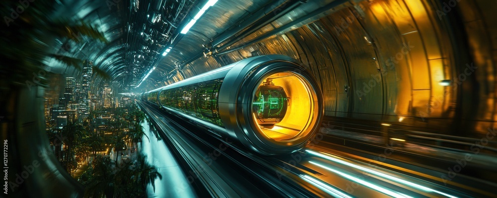 Poster a futuristic transport system features a sleek, illuminated pod moving through a high-tech tunnel ad