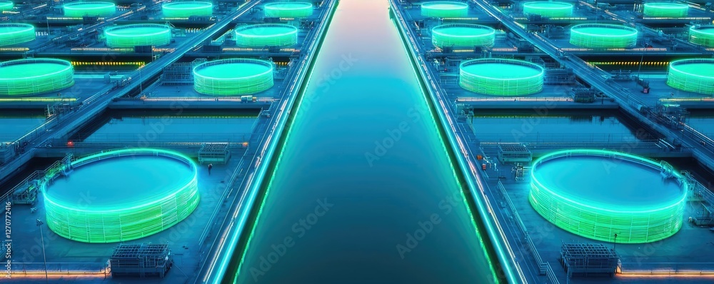 Poster plastic pollution idea. futuristic rows of glowing circular devices, symbolizing advanced tech innov