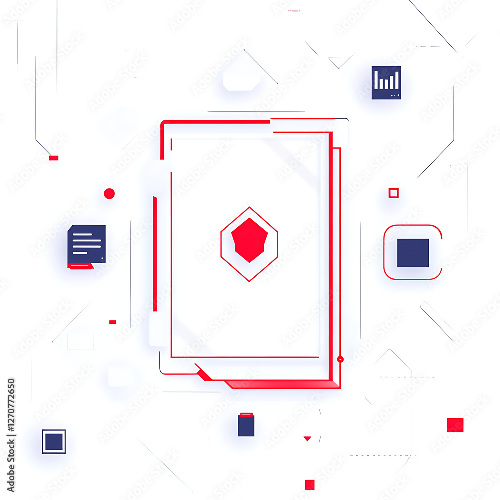 Poster modern graphic composition with shield icon and abstract elements on clear backdrop for tech visuali