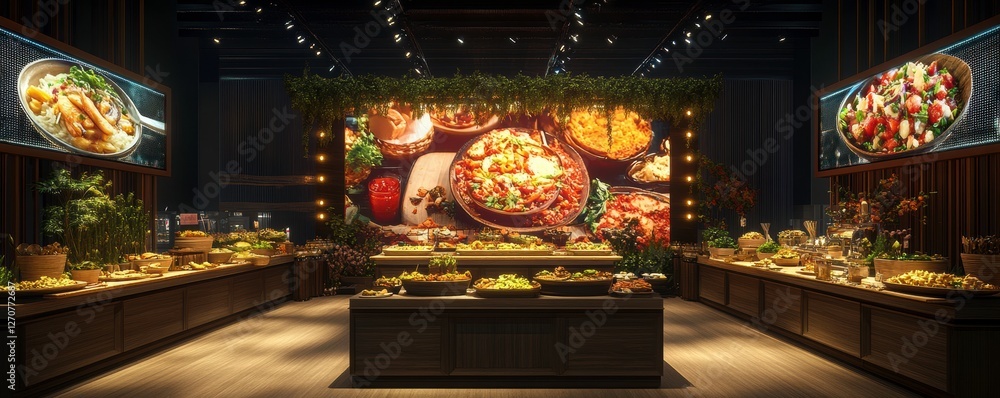 Poster A vibrant buffet setting adorned with delicious dishes, surrounded by greenery and illuminated by bright lights, creating an inviting atmosphere.