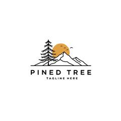 Obraz premium Minimalist Illustration of Pine Tree, Mountains and Sunset in Elegant Design