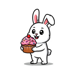 Cute Animated Rabbit Holding a Pink Frosted Cupcake with Sprinkles
