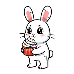 Cute Cartoon Rabbit Holding a Colorful Cupcake with Sprinkles