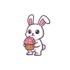 Obraz premium Cute Cartoon Bunny Holding a Pink Cupcake With Sprinkles