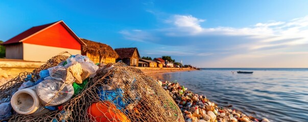 Plastic pollution concept. A serene coastal scene showcasing pollution through discarded waste and debris.