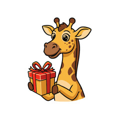 Cartoon Giraffe Holding a Gift Box With a Decorative Bow