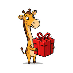 Cartoon Giraffe Holding a Red Gift Box with a Bow on White Background