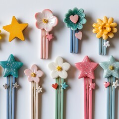 Close-up of colorful and whimsical hair clips featuring flowers, stars, and hearts, arranged on a white background, perfect for children and fashion accessories.