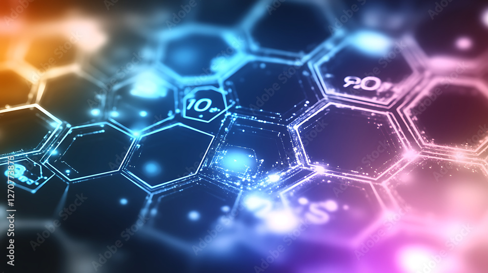 Poster modern tech hexagon grid with glowing numerals and futuristic network connection concept