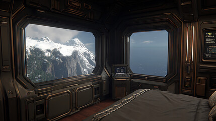 Modern Spaceship Cabin Interior View Featuring Mountainous Landscape and Distant Ocean Scenery in Window