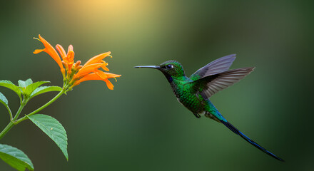 A vibrant Long-tailed Sylph hummingbird (Aglaiocercus kingi) hovers gracefully near an orange flower in full bloom, showcasing its stunning colors in the lush landscapes of Colombia