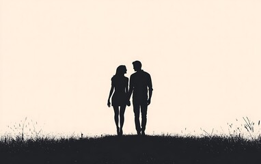 Couple walking hand-in-hand on grassy hill at sunset. Possible use Romantic stock photo