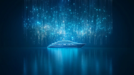 Modern Yacht Amidst Cascading Light Streams A Vision of Oceanic Travel Technology and Innovation