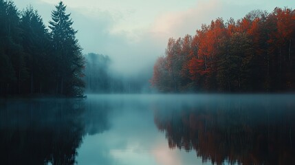 Tranquil Forest Lake Surrounded by Autumn Foliage and Mist