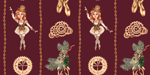 Girl ballerina in the fairy tale Nutcracker and pointe shoes, fir branches, pine cones, gears and chains watercolor illustration. Dancer in steampunk style. Seamless vertical pattern isolated burgundy