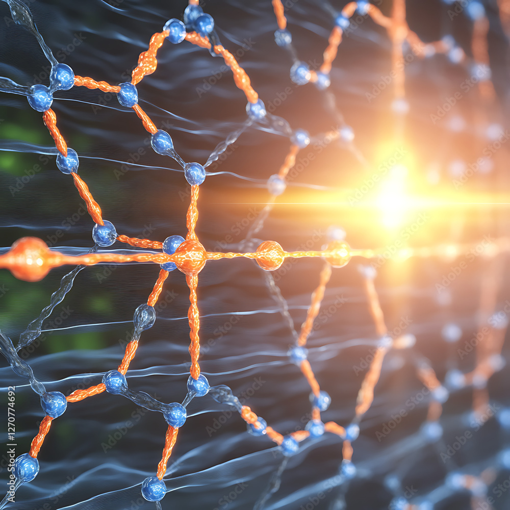 Poster molecular network with connection points and luminous burst visualization in abstract style