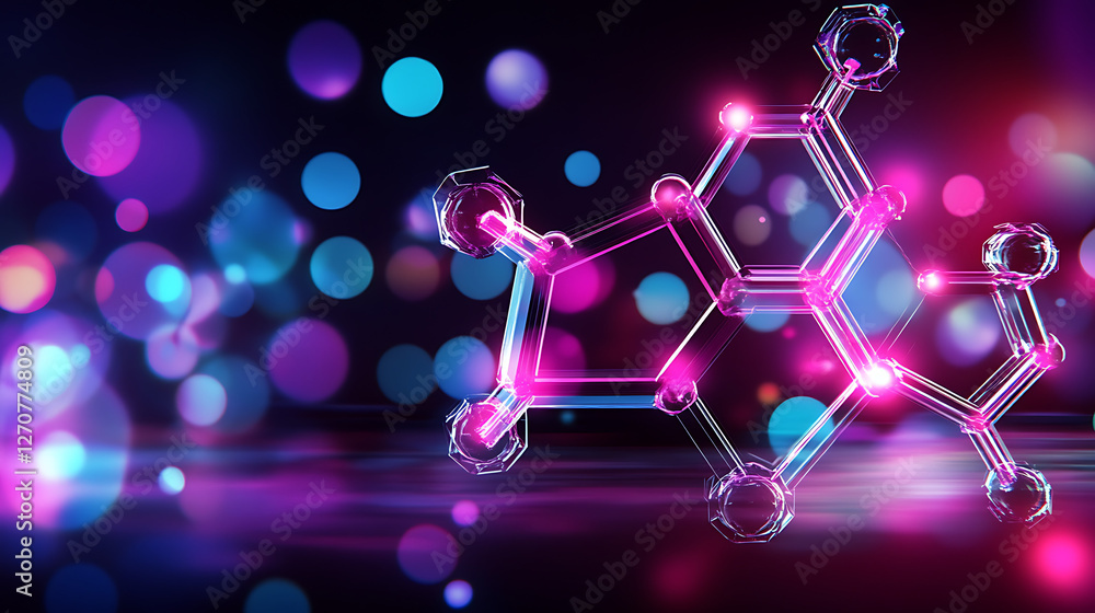 Poster molecular structure abstract rendering with geometric shapes and vibrant bokeh effect background