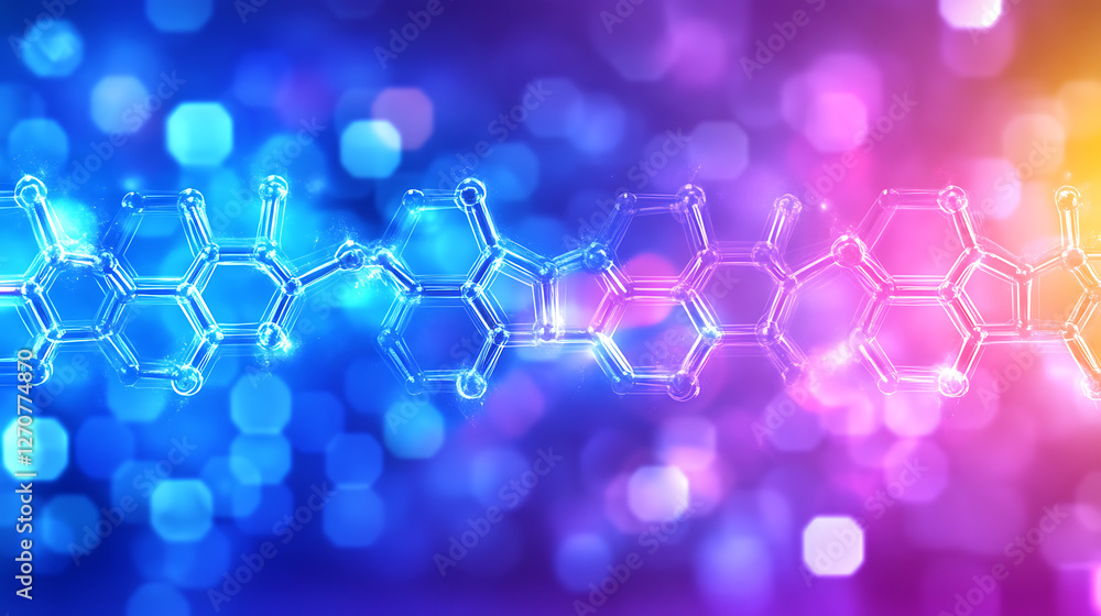 Poster molecular structure and compound connection with abstract bokeh background blue and pink tones