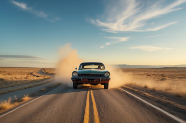 Fototapeta premium Winding Road Under a Clear Blue Sky with a Vintage Car Speeding Along, Kicking Up Dust in the Golden Hour, Capturing Freedom, Adventure, and Nostalgia in a Timeless Travel Scene