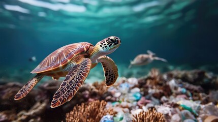 Obraz premium Plastic pollution concept. A sea turtle gliding gracefully over a vibrant coral reef, showcasing marine beauty.