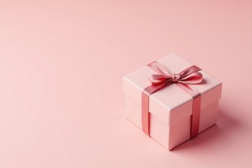 Fototapeta premium A delicately tied pink ribbon adorns a pale pink present box, sitting on a matching pastel background; a lovely image for celebratory occasions.