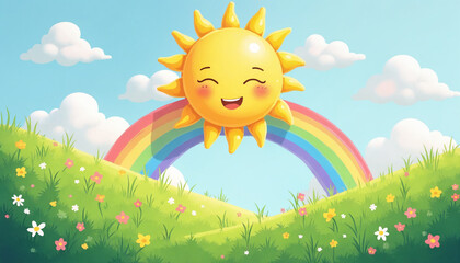 Fototapeta premium Cheerful sun with a happy smile and rainbow over blooming meadow with flowers and copy space