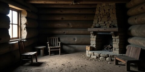 Obraz premium Rustic Cabin Interior with Stone Fireplace and Wooden Furniture, Bathed in Soft Light