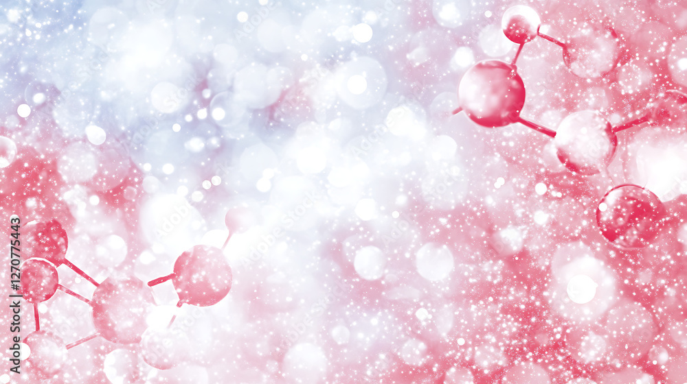 Poster molecular structure on a sparkling background with soft red hues and glowing bokeh lights elements