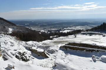 Winter landscape, panoramic view of hills.