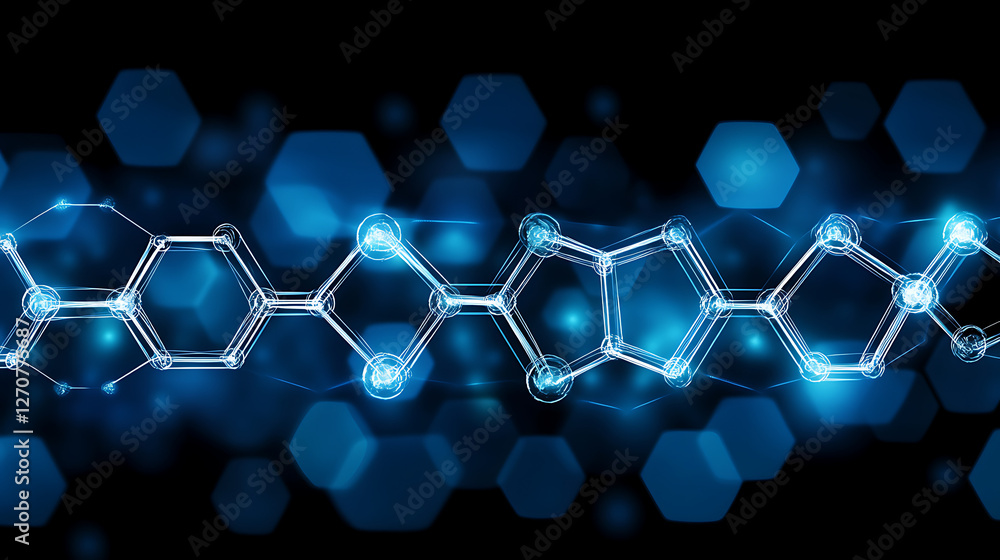 Poster molecular structure visualization with hexagonal shapes and luminous effects in science