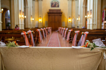 Church Interior with Pew Decorations for Wedding