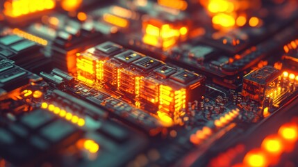 Illuminated Circuit Board Closeup, Data Processing, Technology, Abstract Background, Tech Illustration