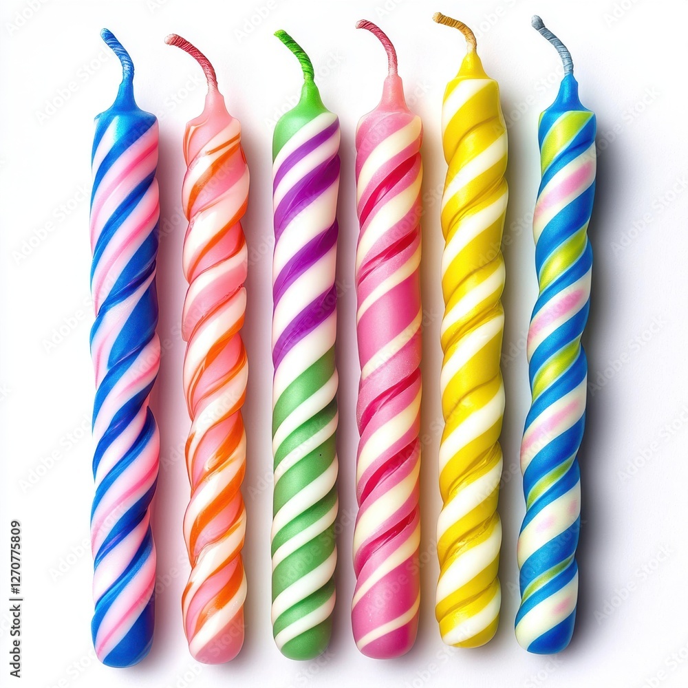 Poster a delightful array of six vividly colored and intricately twisted birthday candles against a clean w