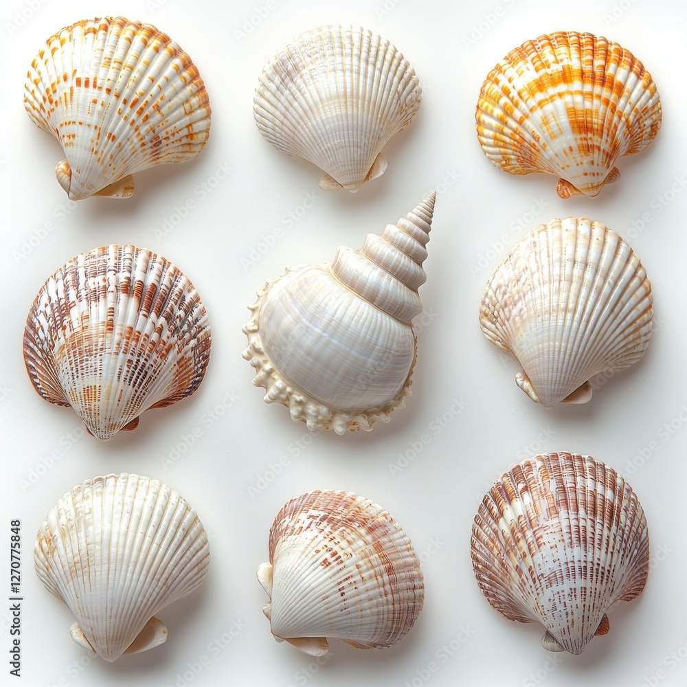 Aufkleber a beautiful arrangement of assorted seashells, showcasing unique patterns and textures, captured in 