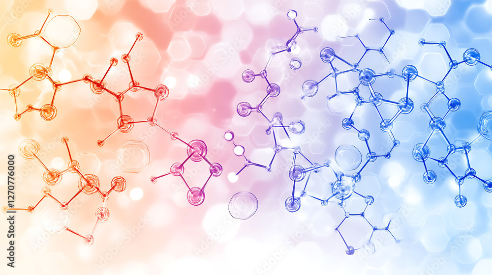 Poster molecular structures on bokeh background with gradients of warm and cool colors design